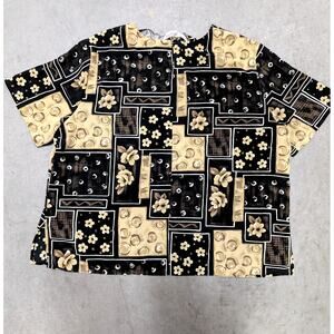 Notations Woman Floral Patchwork Print Short Sleeve Button Up Blouse Career